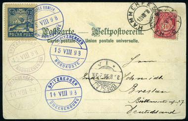 1802 68,Spitsbergen E 2. 10 øre Posthorn på dekorativt postkort, stemplet "Hammerfest 18.8.98".
