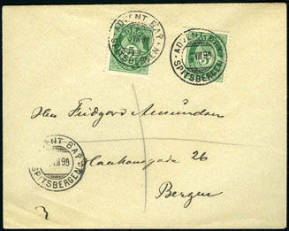 1805 100, Spitsbergen E 16I. 10 øre Posthorn på postkort, stemplet "Tromsø 14.8.10".Ved siden rød 1.