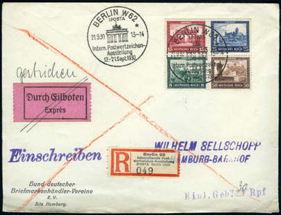 The block of four from the Iposta miniature sheet, on registered express cover, 1.