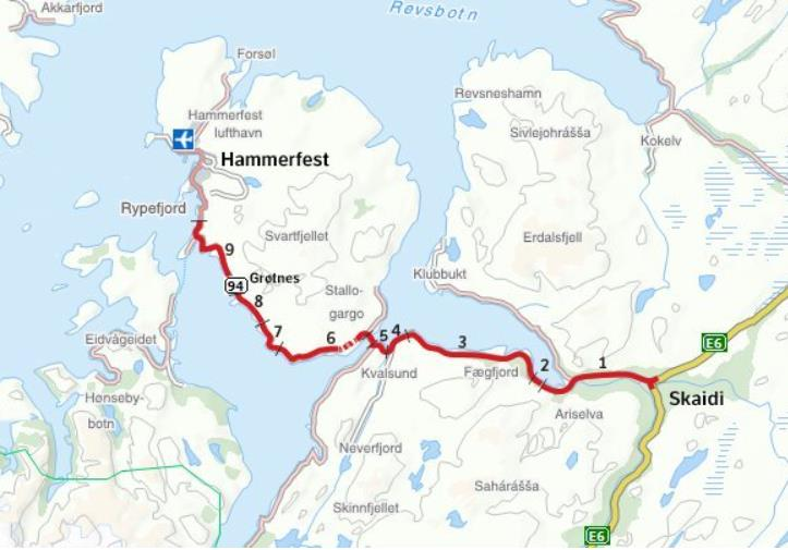 Idèfase: Tomteanalyse Finnmarkssykehuset HF NYE HAMMERFEST SYKEHUS Side 17 av 126 3.3.3 Ny rv. 94 Figur 3-2: Etapper ny rv. 94 Skaidi Sagagammen (kilde SVV) Rv.