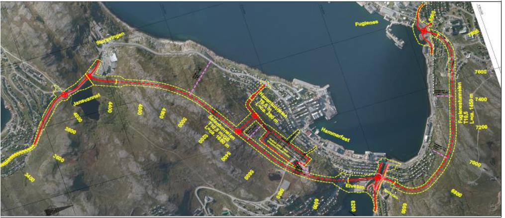 Idèfase: Tomteanalyse Finnmarkssykehuset HF NYE HAMMERFEST SYKEHUS Side 18 av 126 Figur 3-3: SVV) Oversiktskart over regulert omlegging av rv.