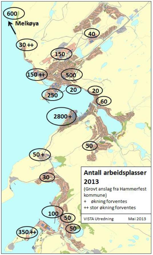 Idèfase: Tomteanalyse Finnmarkssykehuset HF NYE HAMMERFEST SYKEHUS Side 31 av 126 5.1.3 Arbeidsplasser 91 % av de sysselsatte i Hammerfest arbeider i egen kommune.