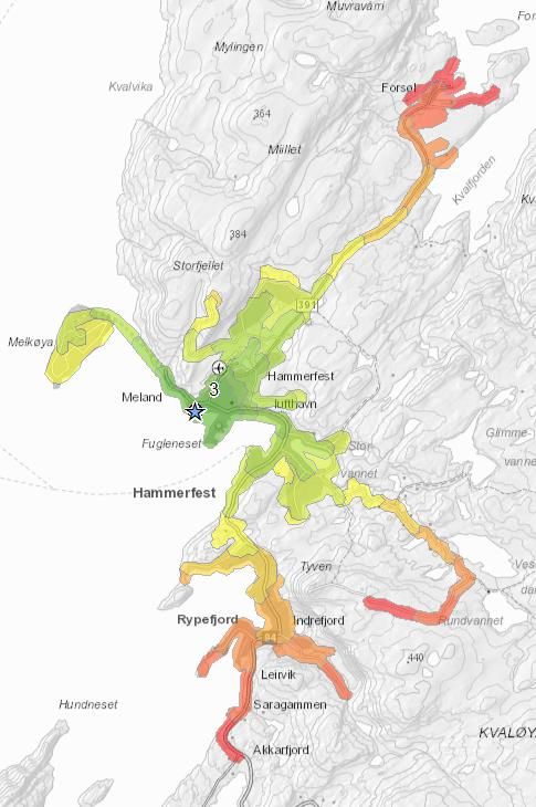 Idèfase: Tomteanalyse Finnmarkssykehuset HF NYE HAMMERFEST SYKEHUS Side 98 av 126 Gående og syklende Figur 7-31: Gangavstand til sykehuset, kilometerintervaller Nesten 40 % av da ansatte har under 2