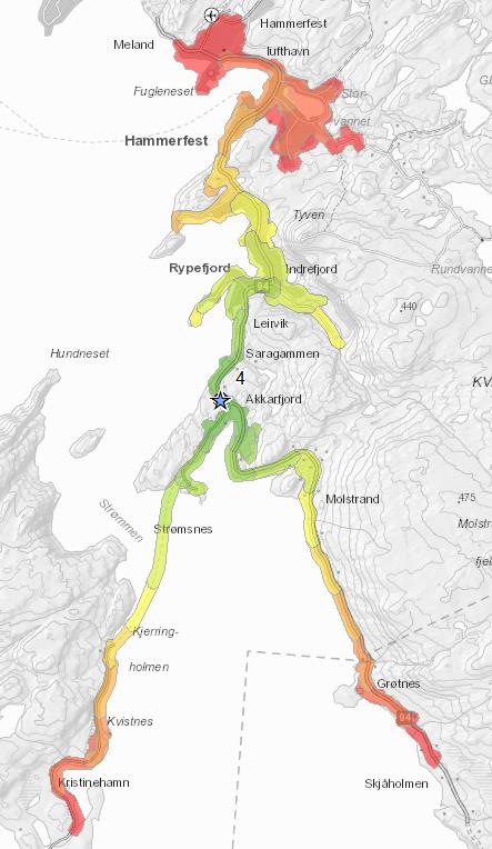 Idèfase: Tomteanalyse Finnmarkssykehuset HF NYE HAMMERFEST SYKEHUS Side 107 av 126 Gående og syklende Figur 7-39: Gangavstand til sykehuset, kilometerintervaller Under 10 % av da ansatte har under 2