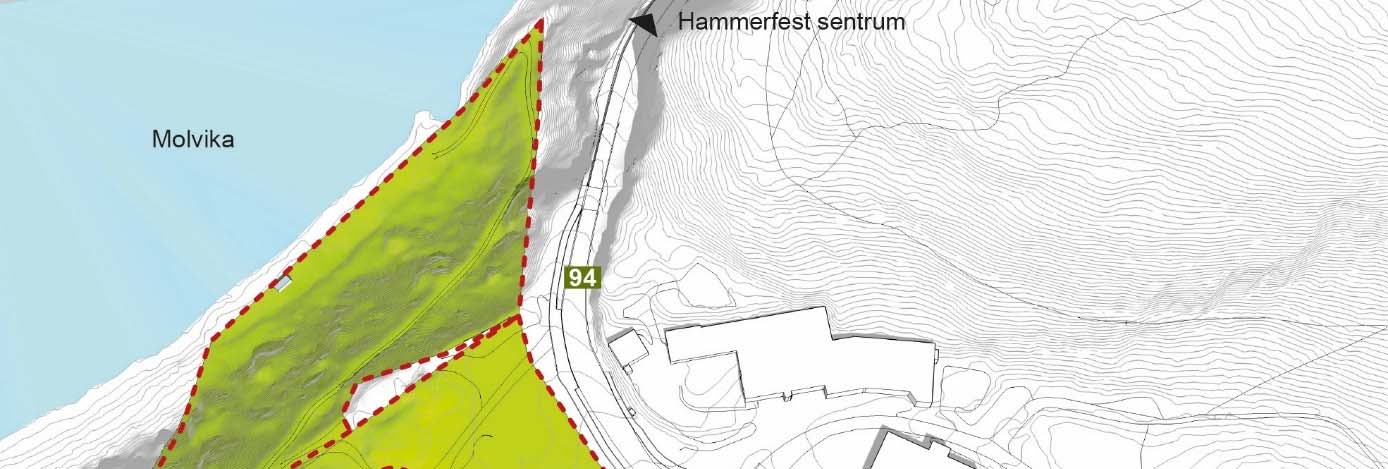 Mulighetsstudie Finnmarkssykehuset HF NYE HAMMERFEST SYKEHUS Side 28 av 45 4.2 Alternativ 2b Alternativ 2b representeres av to tomter, den ene på 14 dekar og den andre på 58 dekar.