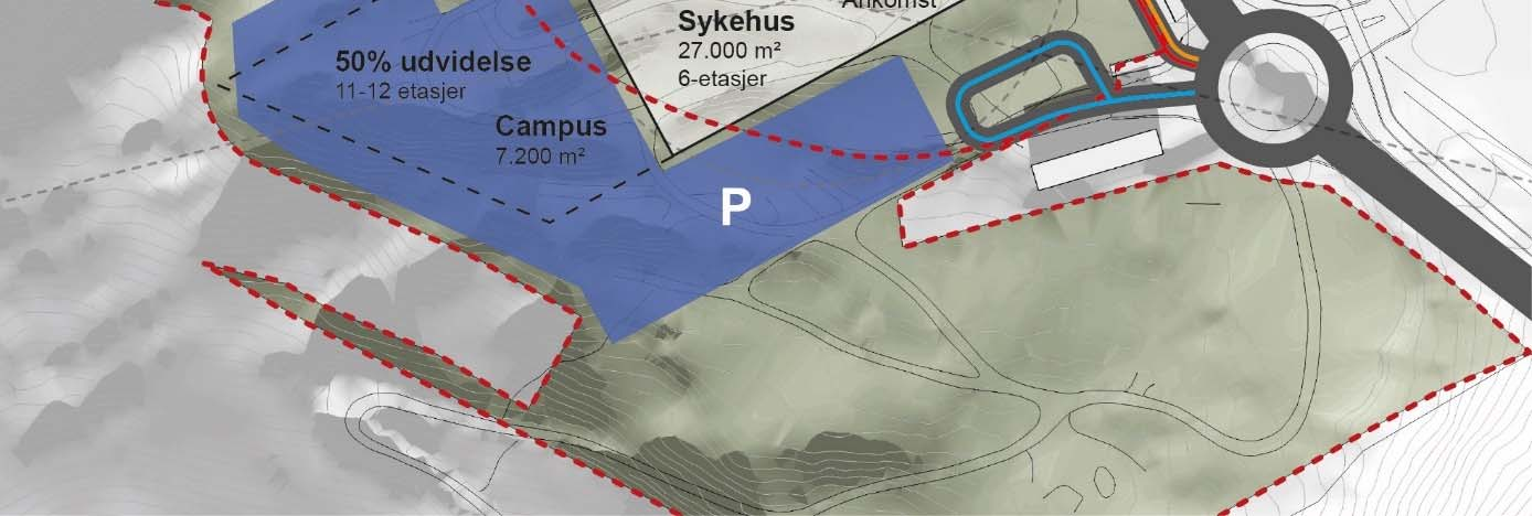 Bussadkomst forutsettes etablerert tett ved sykehuset. Helikopterplattformen er plassert på tak over akuttmottagelsen med direkte adgang til akuttfunksjoner herfra.