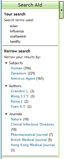 EMBASE Avgrensninger Search Aid boksen gir også muligheter til å avgrense søket. Tallene i parentes viser antall treff for hver avgrensning.