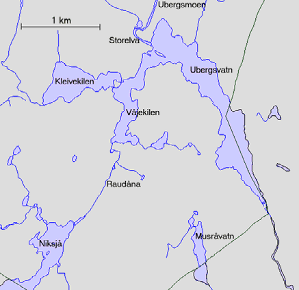 Figur 2. Ubergsvatn med omgivelser.. PH i Ubergsvatn lå på 5,17 ved en måling 9. oktober 1983 (LIMNOBASE), og vannet kunne nok på 197- og 198-tallet være temmelig surt.