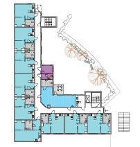 9 leiligheter pr. etasje Fellesrom (50m2) med utgang til hagen / terasse i hver etasje Personalbase (15m2) i hver etasje FJELL SERVICEBOLIGER plan 1 etg.