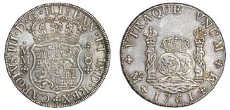 UTENLANDSKE MYNTER / FOREIGN COINS 780-793 MEXICO 780 Carl III, 8 reales 1761. Brosjespor/traces of mounting km.