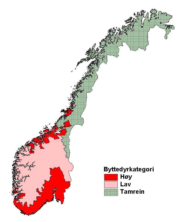 Figur 1. Lengden på avstandsreglene og omregningsfaktorene som skal brukes varierer avhengig med tetthet av store byttedyr.