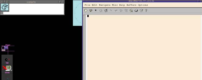 Skjermbildet etter innlogging: Et Unix-vindu nederst til venstre (Xtermvindu) til å gi kommandoer Et emacs-vindu øverst