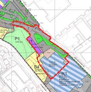 Figur 2: Utsnitt av gjeldende reguleringsplan. Planområdet er markert med rød stiplet linje. Forslagsstillers eiendom er felt I1 med lilla farge.