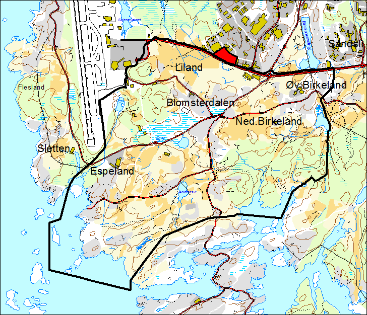 Figur 1. Forslag til endret plangrense ved Kokstadflaten markert med rødt.