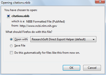Windows: Dersom dialogboksen ovenfor kommer opp, velg [Open with] og velg deretter programmet ResearchSoft Direct Export Helper på nedtrekksmenyen.