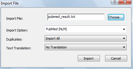 Velg importfilteret PubMed (NLM) på menyen Import Option for import fra PubMed.