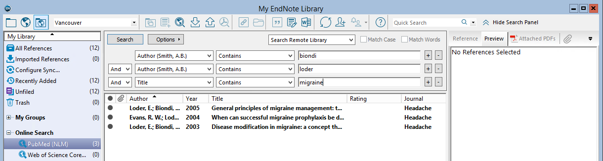 SØKE I PUBMED VIA ENDNOTE Sørg for at Integrated Library & Online Search Mode er valgt på verktøylinja. Velg PubMed (NLM) under Online Search i gruppefeltet for å koble opp til PubMed-databasen.