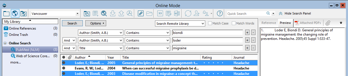 ALTERNATIV FRAMGANGSMÅTE Framgangsmåten nedenfor er mest praktisk ved søk som gir mange treff. Sørg for at Online Search Mode (Temporary library) er valgt på verktøylinja.