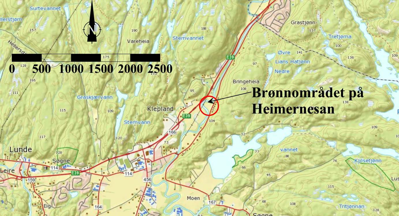 Figur 2. Lokalisering av brønnområdet ved Søgneelva.