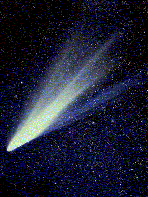 haler, flere. Halene peker bort fra sola. Komet West (t.v.