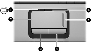 Komponenter på oversiden Styrepute Komponent Beskrivelse (1) Styreputelampe Blå: TouchPad er aktivert. Gul: TouchPad er deaktivert.