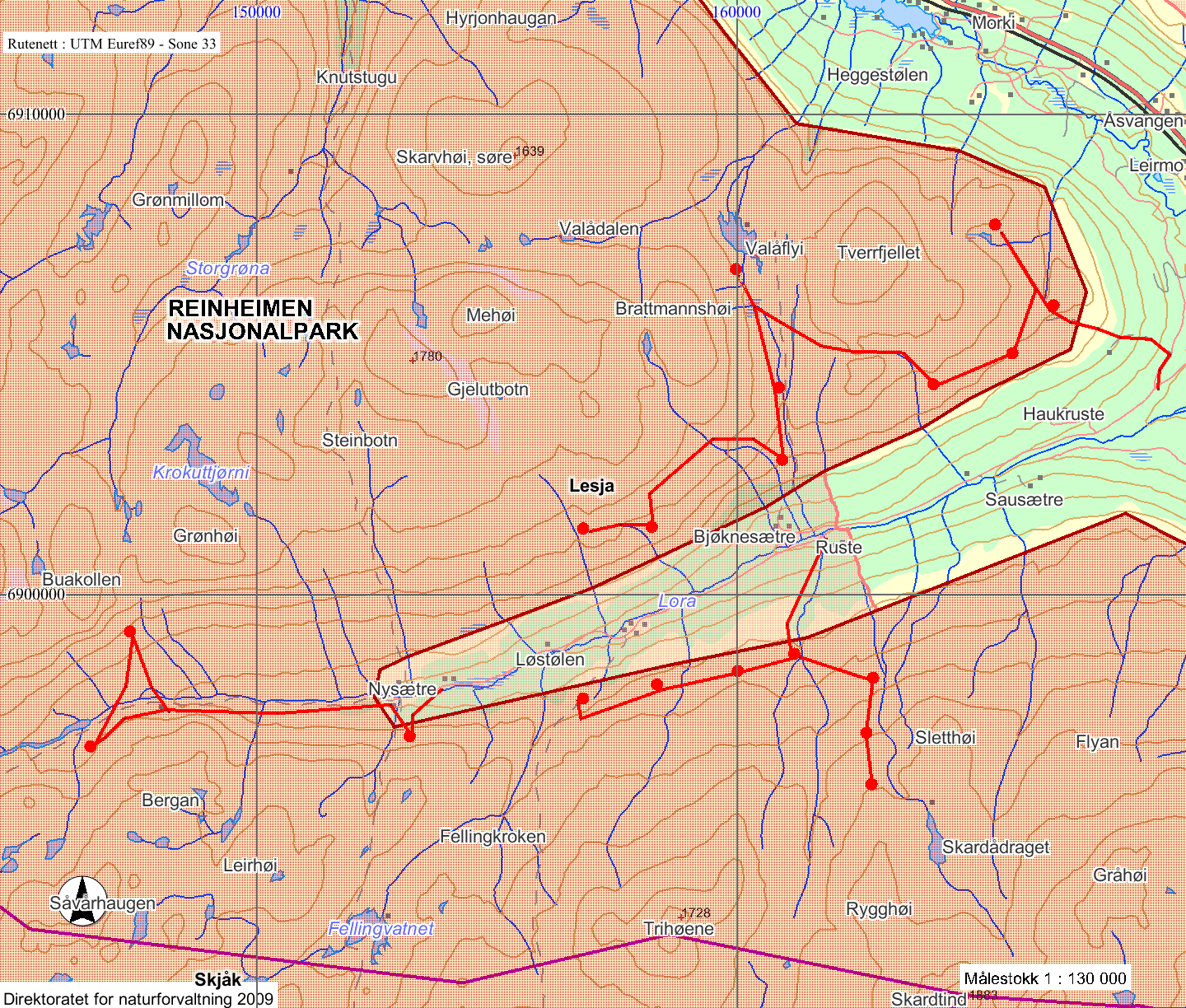 1000 kg. Inntil fem turar pr. år. Figur 1. Kart over området med innteikna ruter for transporten. Vurdering Søknaden gjeld bruk av snøskuter i Reinheimen nasjonalpark.