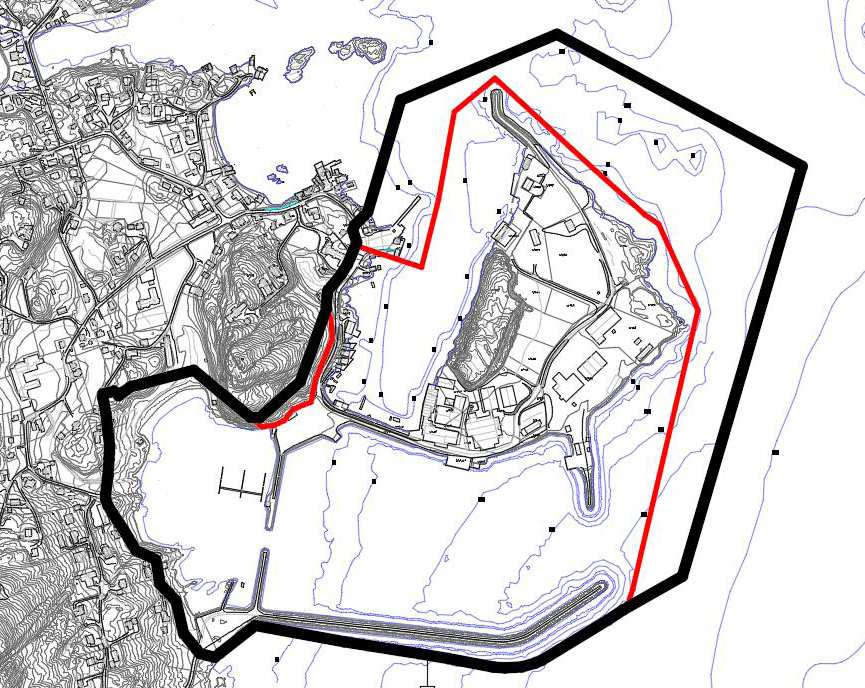 Med rød farge vises reguleringsgrenser gjeldende plan for Lovund havn.