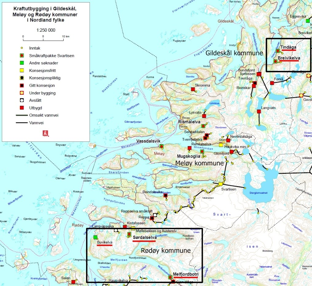 Figur 1. Oversiktskart - Småkraftpakke Svartisen. Lokalisering av vannkraftverkene er markert med sorte bokser og røde streker.