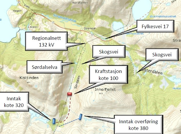 sidebekken. Planlagt minstevannføring er på nivå med 5-percentilene. Figur 4. Oversiktskart Sørdalselva kraftverk (fra konsesjonssøknad).