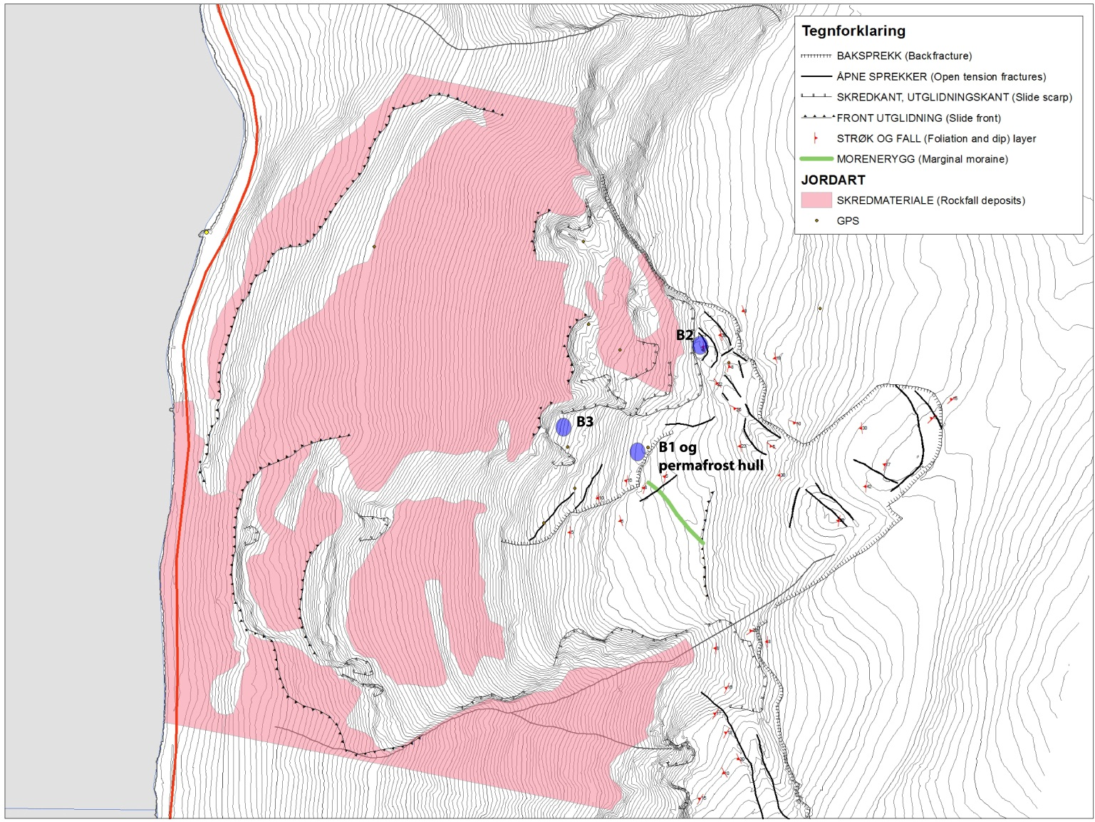 Figur 10. Lokalisering av boringene B1, B2, B3 og et permafrosthull ved B1. Referanser Blikra, L.H. og Bunkholt, H.S.