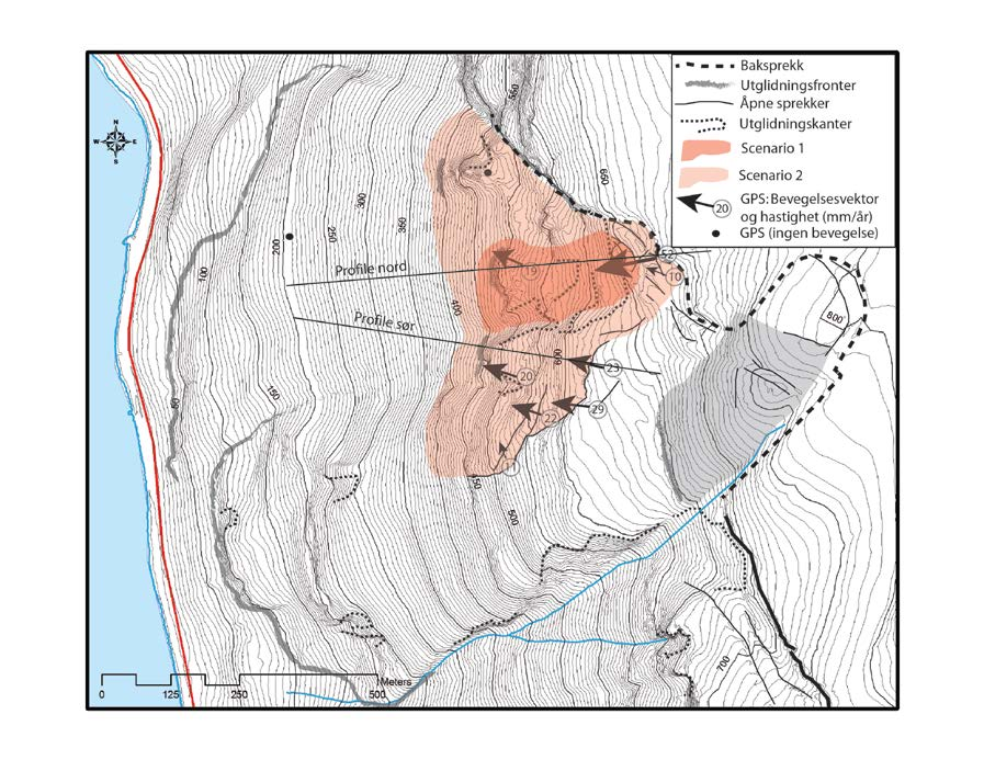 Figur 5. Scenarier for Jettan. Profiler er vist i figur 6 og 7 Figur 6. Profil sør med alternative geologiske modeller. De stiplede røde linjene viser mulige aktive utglidningsplan.