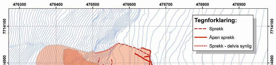 Figur 30. De to vurderte scenarioene for fjellskred fra indre Nordnes. Scenario 1 er et mindre område med dokumentert bevegelse ved GPS punkt IN-1 og ved crackmetermålingene.