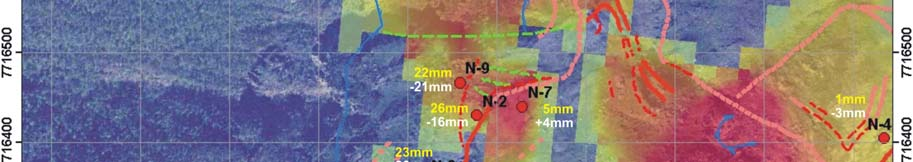 InSAR dataene er vist som fargeskala der røde og