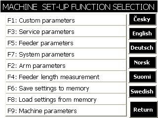 3.10. Maskin innstillinger Plasser valgbryter for driftsmodus til posisjon 0. Hovedmenyen med fire valg vil da vises i displayet. Velg valgtast "Machine settings" (maskin innstillinger).