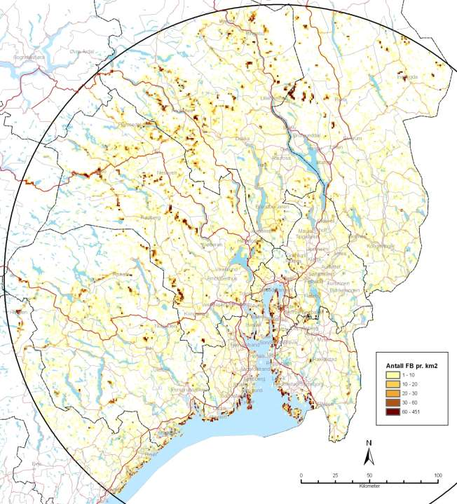 Rekreativ byspredning som recreational sprawl Tetthet pr 1 km 2 for