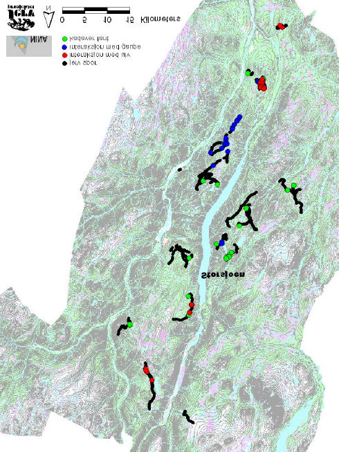 3 Figur 1. Jervspor som ble følgt om vinteren i fjor i Østerdalen. Røde sirkler viser interaksjoner med ulv, blåe sirkler interaksjoner med gaupe. Grønne sirkler viser lokasjoner av elgkadavre.