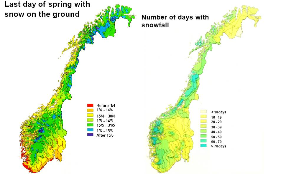 Figur 2.2.1 Kart som viser hvor lenge snøen ligger og antall dager med snøfall.