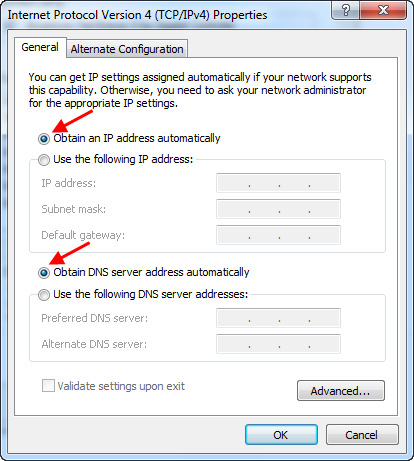 Velg Motta IP-adresse automatisk og Motta DNS-serveradresse automatisk. Klikk OK. Gå tilbake til begynnelsen av manualen.