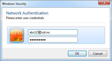Skriv inn <brukernavn>@uit.no og passordet. Det kan ta litt tid før du er pålogget. Enter <username>@uit.no and your password.