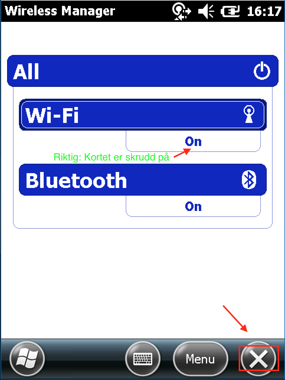 Dersom Wi-Fi er satt til Off må du trykke på ikonet som anvist på bildet.