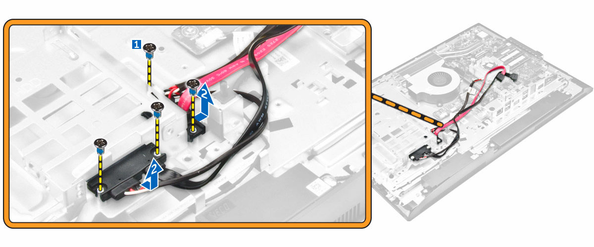 Koble kabelen til styreputen fra kontakten på hovedkortet [2]. c. Løsne kabelen fra festeklemmene på datamaskinen [3]. 4.