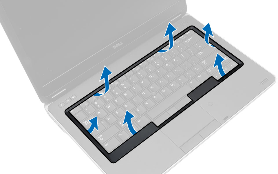 3. Bruk en plaststift for å press opp tastaturrammen for å få den til å løsne fra datamaskinen. Løft opp for å fjerne tastaturet fra datamaskinen. Sette på tastaturrammen 1.