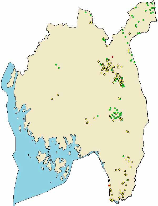 Figur 8. Vurdering av fortsatt kalkingsbehov for 212 kalkede innsjøer i Østfold. Grønn sirkel: kalking kan avsluttes.