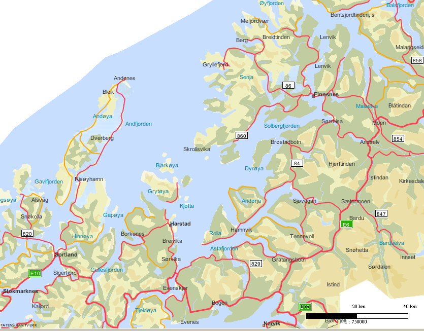 Prosjekt Bedre innlandsfiske i regulerte vassdrag i Troms Fagrapport nr. -7 Finnsnes Harstad Figur Kartutsnitt med avmerking av Storvatn, Skoddebergvatn og Mellomvatn.