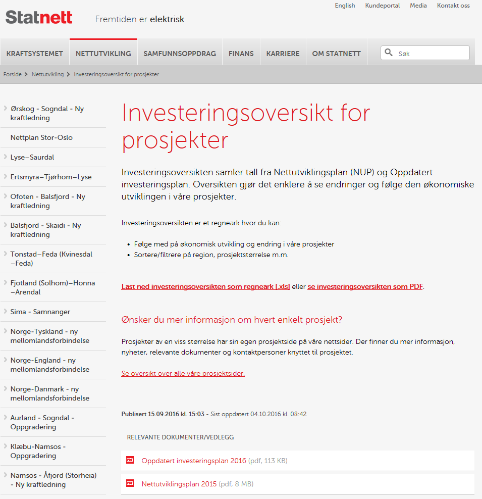 Investeringsoversikt for prosjekter http://www.statnett.