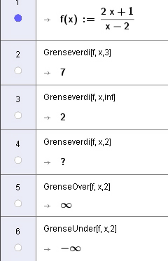 e) Se på den grafiske fremstillingen av f x og finn både horisontale og vertikale asympoteter til f x. (Kommando i GeoGebra: aymptote[f].