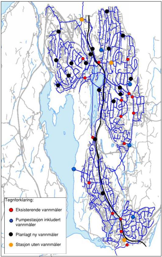 Figur 3-10: Vannmålere, eksisterende og planlagte nye (COWI 2015) Sikkerheten til vannforsyningen i Oppegård er høydebassenget på Hellerasten, samt reservevannforsyning fra Ski i sør og fra Oslo i