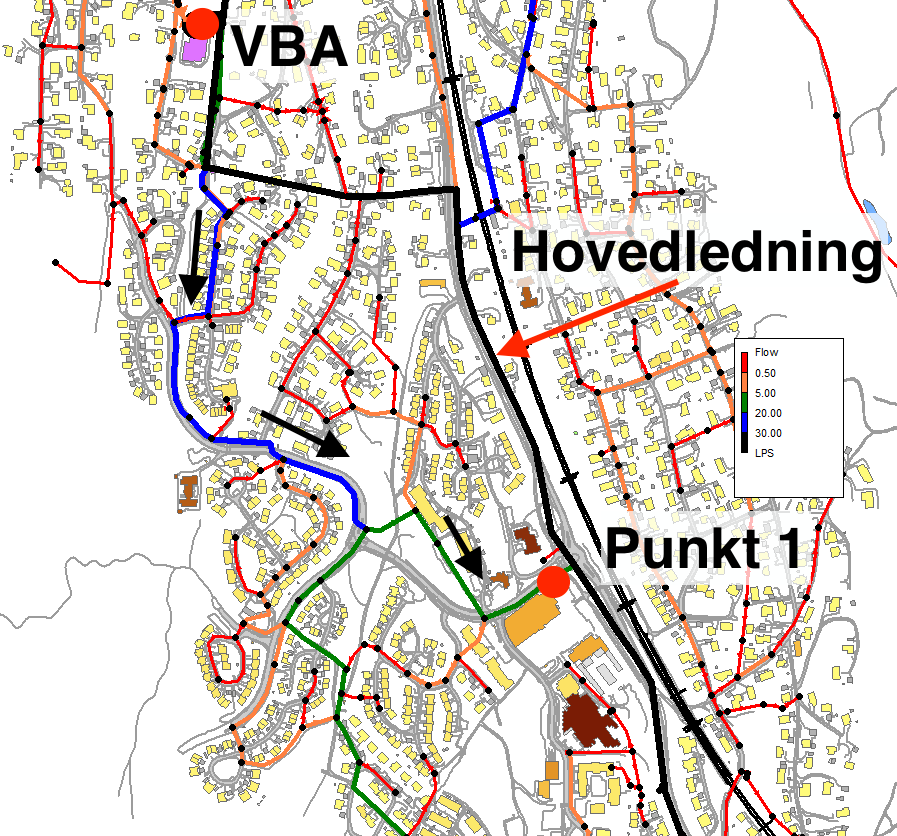 kan reagere med rørveggen og forbrukes. Punkt 1 får vann fra øvreliggende område som vist i Figur 6-1, og ikke fra hovedledningen. Figur 6-1: Veien vannet tar fra VBA til punkt 1.