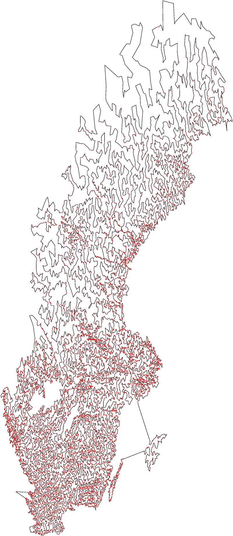 TSP: Minimal HAM- CYCLE i komplett, vektet graf Minimal Hamilton-tur (altså en TSP-løsning) gjennom Sverige (24,978 byer), funnet i 2004 en rekort (på det tidspunktet).
