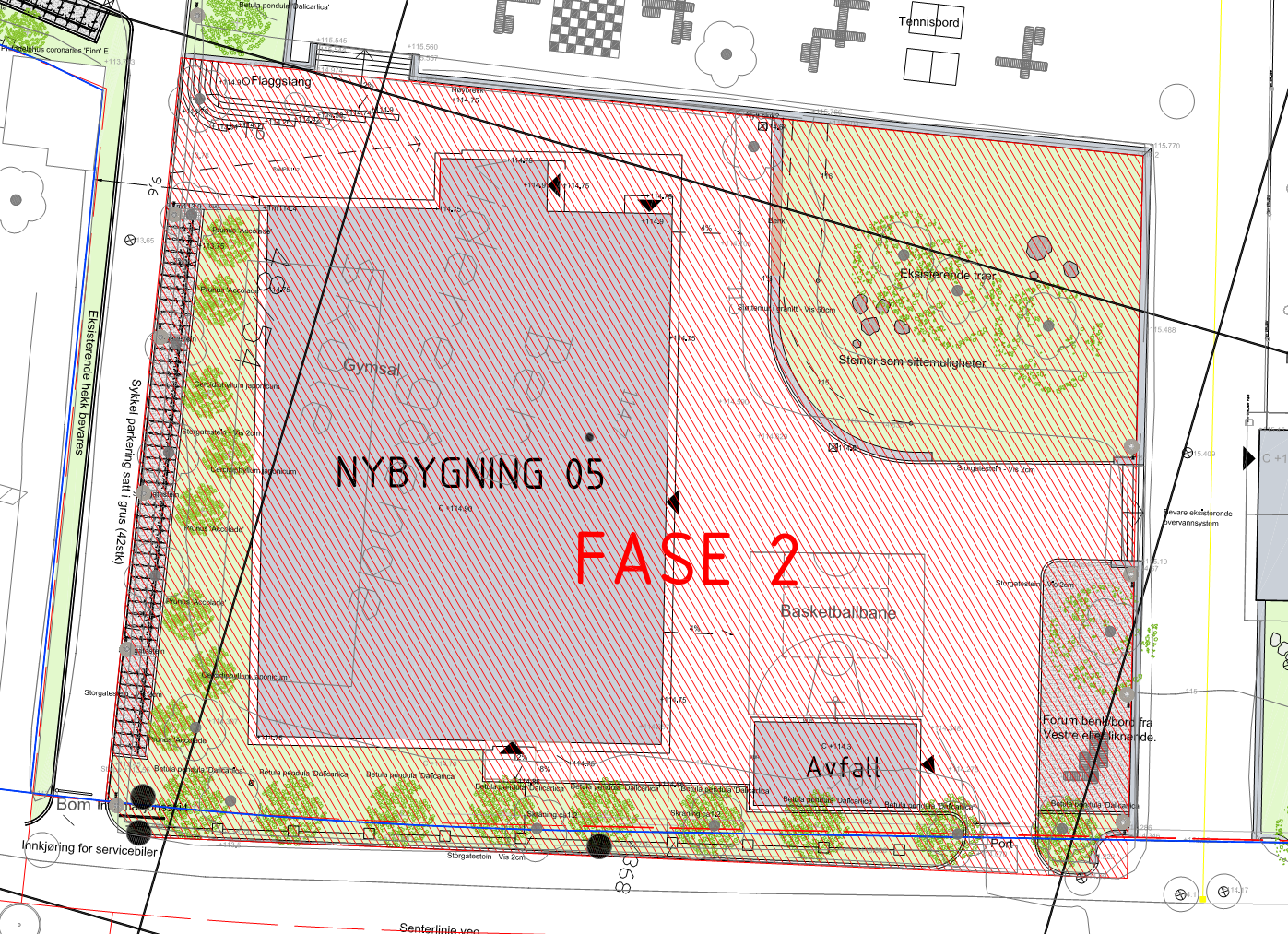 BERG SKOLE 3/12 3 Omfang av tiltaket Tiltaket omfatter blant annet oppføring av nybygning 05 og oppføring av en mur rundt kollen med eiketrær, se figur 3-1. Det er ikke kjeller på nybygningen.